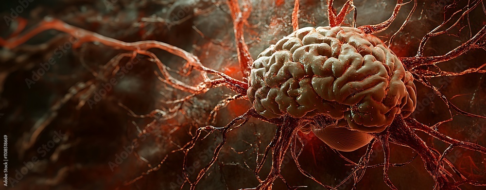 Fototapete A close-up view of a brain with intricate neural connections, showcasing a blend of biological and artistic elements.