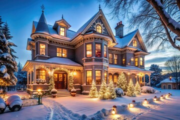 Fototapeta premium Beautifully decorated house at night with Christmas lights