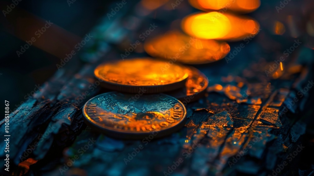 Poster a partial digital eclipse casts a mysterious glow over rusted and discarded coins representing the g