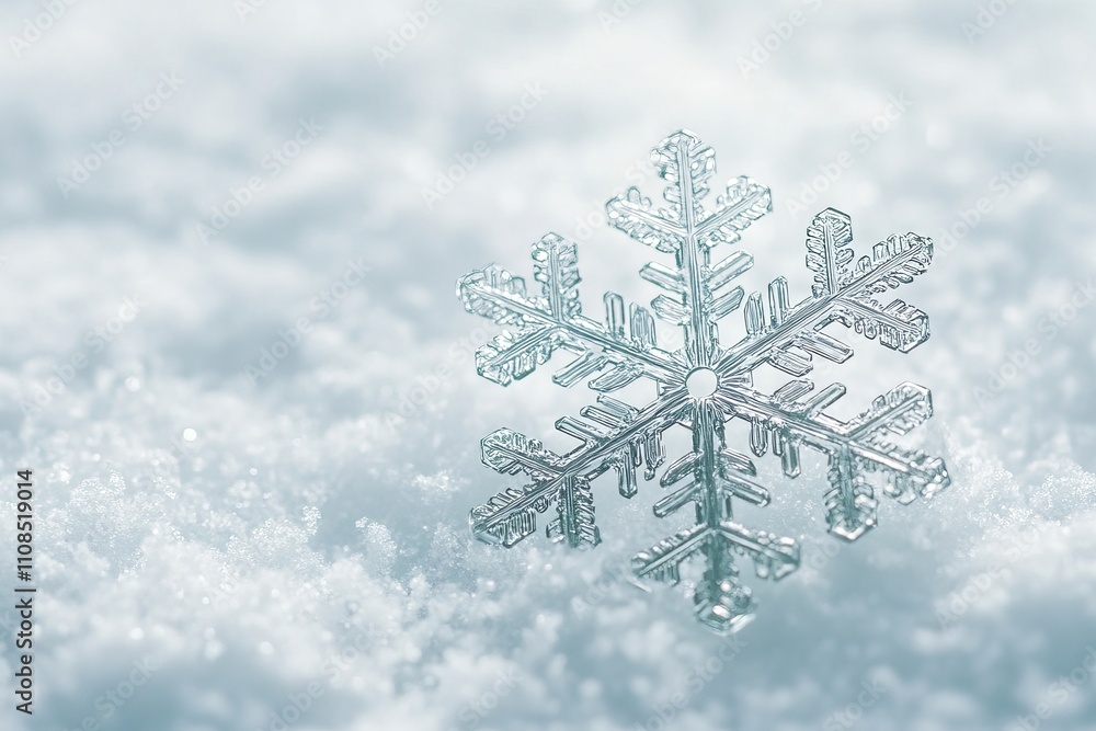 Poster close-up of a detailed snowflake resting on soft snow, showcasing the intricate patterns and beauty 