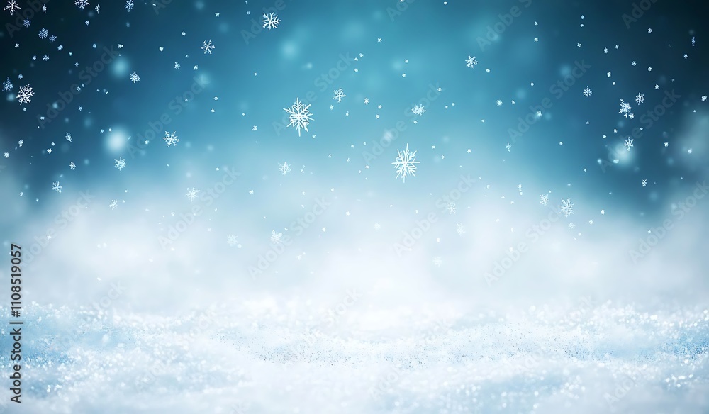 Poster a serene winter scene featuring soft snowfall against a dreamy blue background, creating a tranquil 