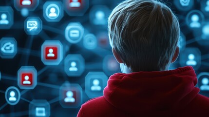 Naklejka premium Curious child navigating a world of colorful social media icons on glowing screen
