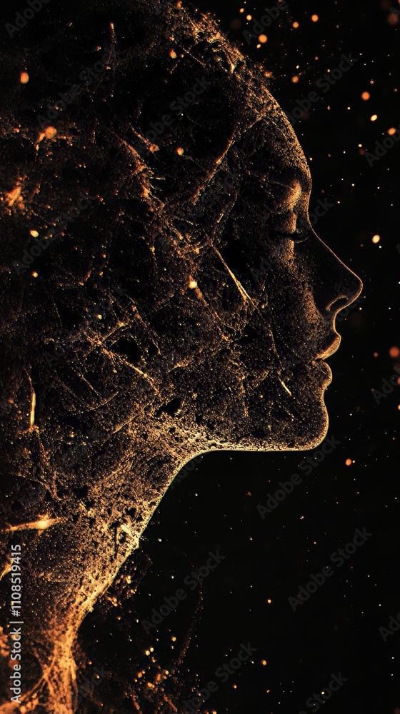 Poster artistic profile of a woman with luminous particles, creating a cosmic and ethereal effect against a