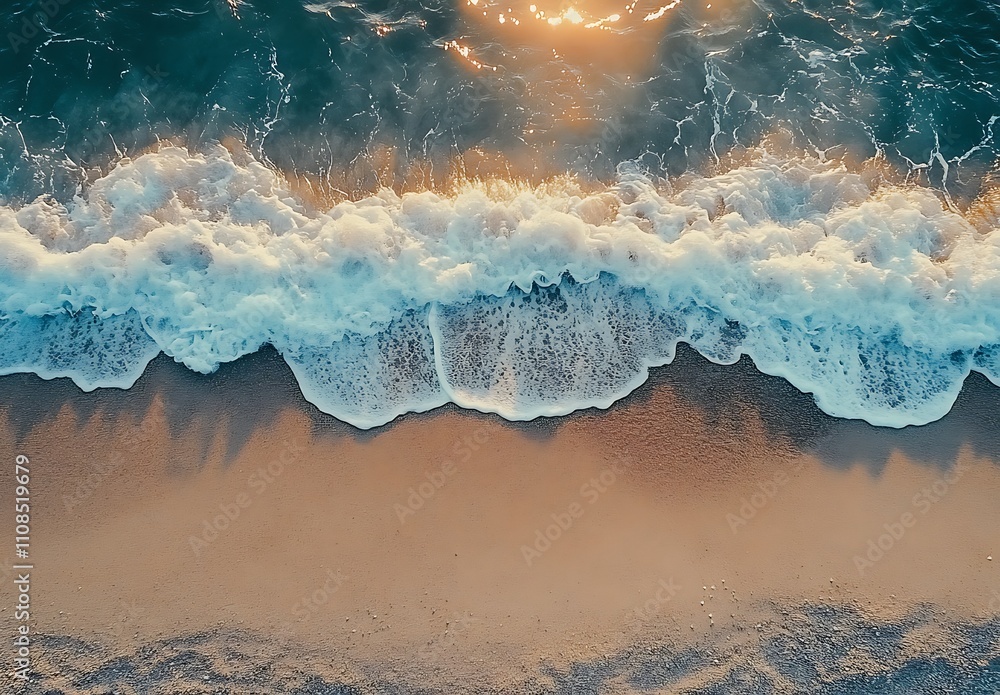 Poster aerial view of waves gently lapping the sandy shore, capturing the beauty of the ocean and its inter