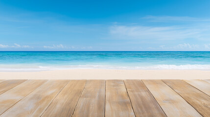 Fototapeta premium Wooden or plank flooring on a sandy beach in summer. For product display, Calm Sea Background and Blue Sky 