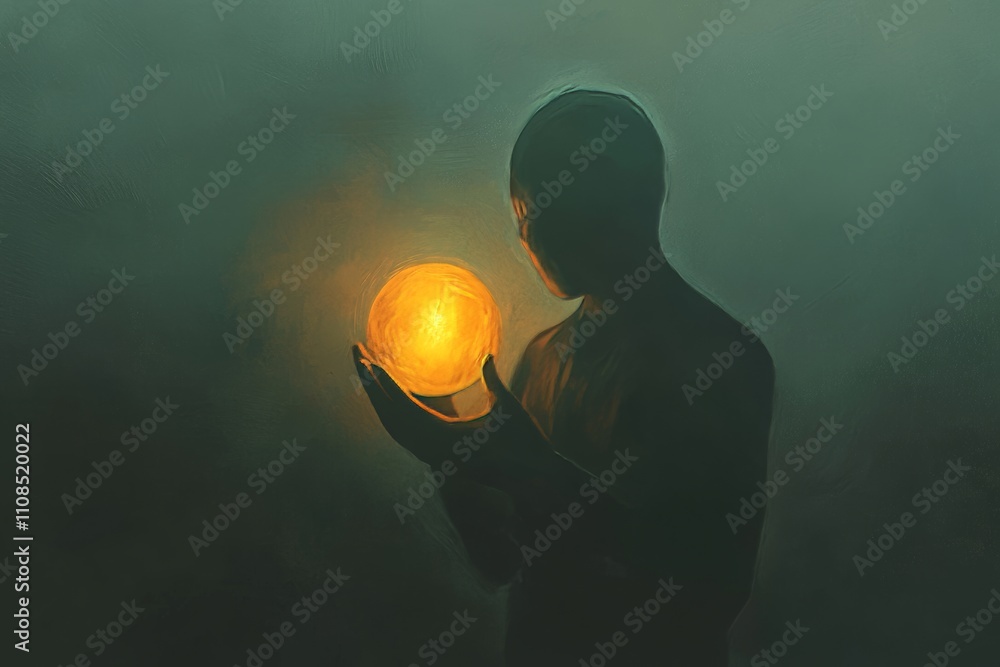 Poster a silhouette figure holds a glowing orb, creating a mysterious and atmospheric scene with soft light