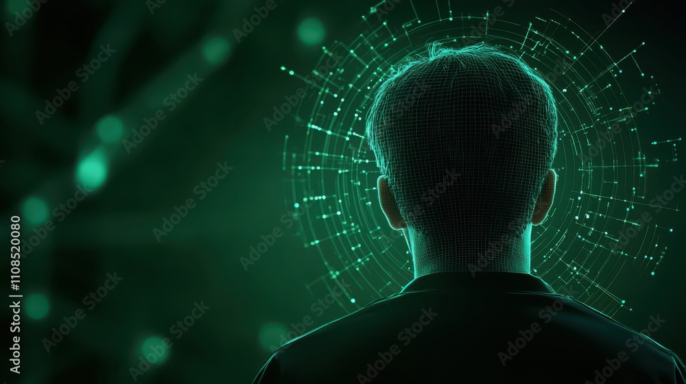 Poster human head formed by an intricate network of dots, a visual representation of connection and thought