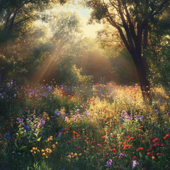 Obraz premium A field of wildflowers at sunrise, with rays of sunlight filtering through the trees.