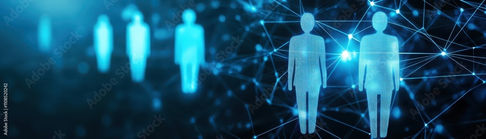 Poster people stand before a complex network, symbolizing connection and technological advancement.