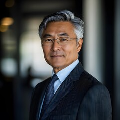 Naklejka premium A senior mature Asian businessman in formal wear, portrayed confidently in an office setting.