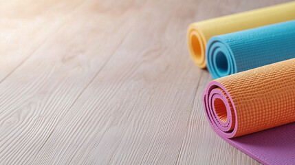 Yoga mat on wooden floor in modern fitness studio, closeup 