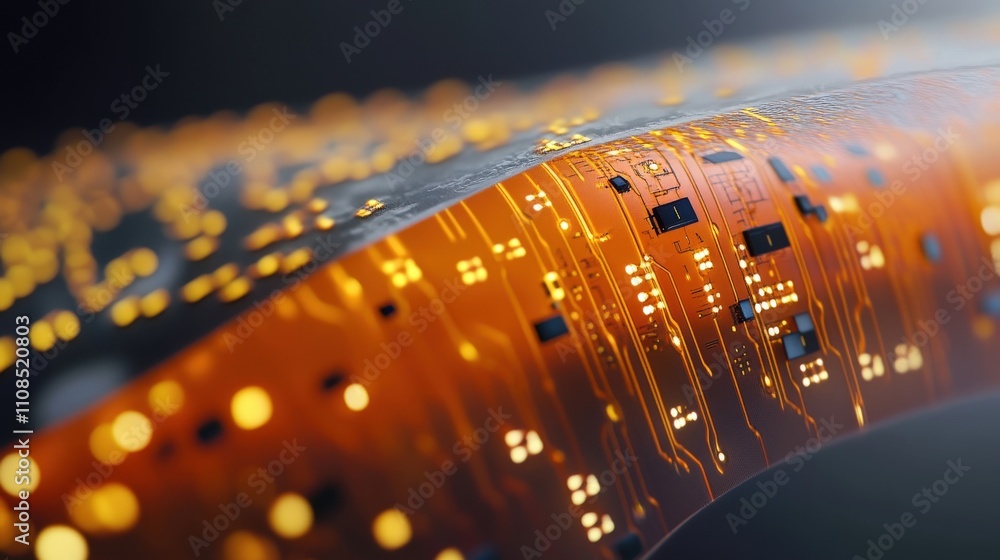 Aufkleber Close-Up View of Futuristic Circuit Board with Bright LED Lights and Complex Patterns Highlighting Technology and Innovation in Electronics Design