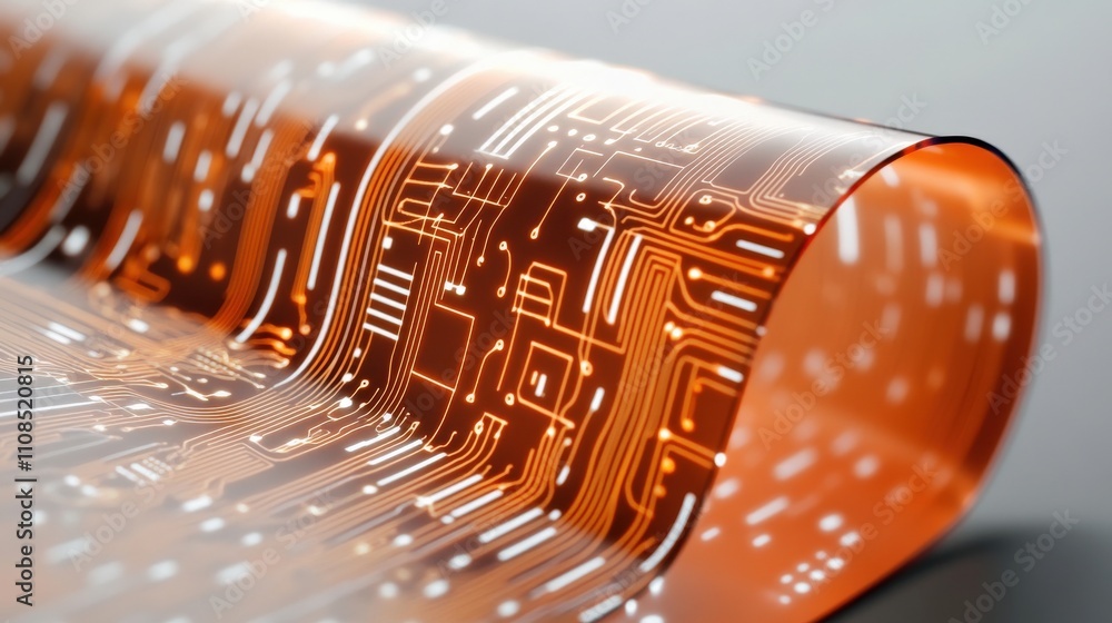 Poster Abstract close-up of glowing orange circuit board patterns on transparent material, showcasing intricate technology design and digital connections in modern innovation