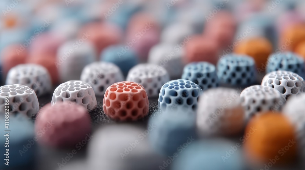 Poster Colorful 3D Printed Dots on a Blurred Background Showcasing Intricate Patterns and Textures for Modern Design Projects and Creative Inspiration
