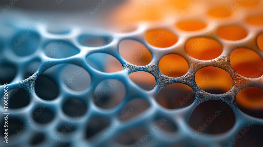 Poster abstract close-up of interconnected blue and orange bubbles forming a vibrant network illusion, show