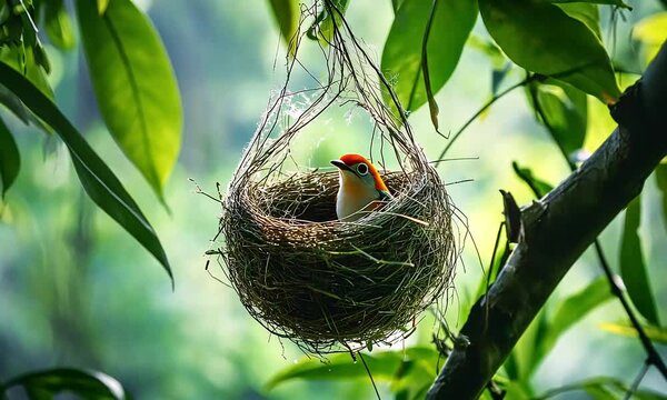 Delicate tailorbird nest, intricately woven in a cup shape from soft plant fibers, twigs, and spider webs, suspended from a branch in a lush green habitat.