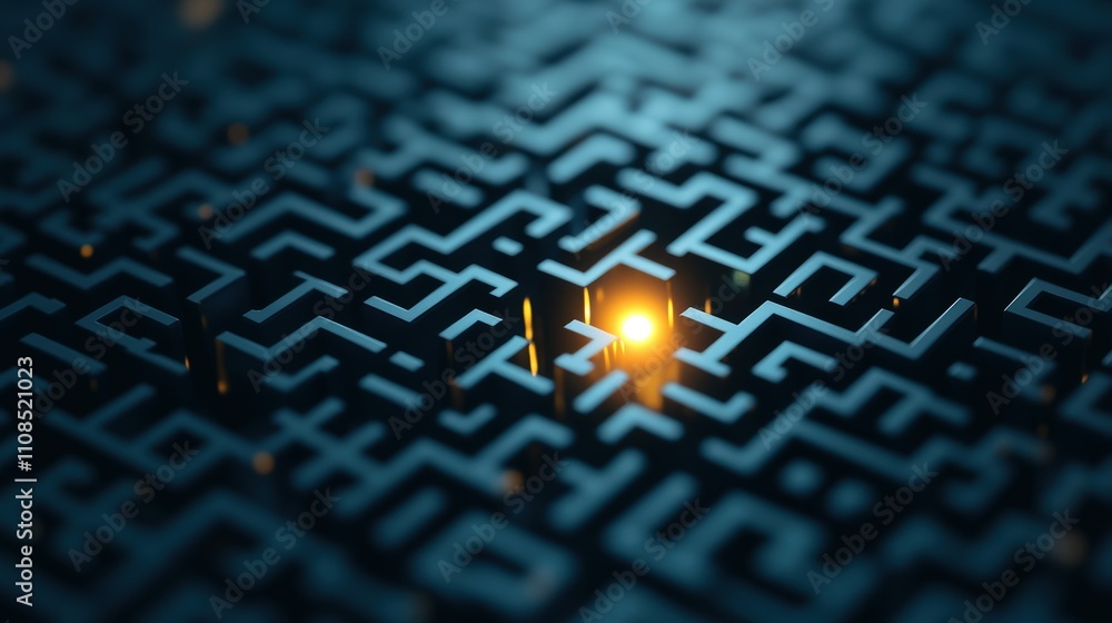 Fototapete An Intricate Labyrinth with a Central Light Source Symbolizing Guidance and Hope Amidst Complexity of Pathways in a Digital Maze Environment