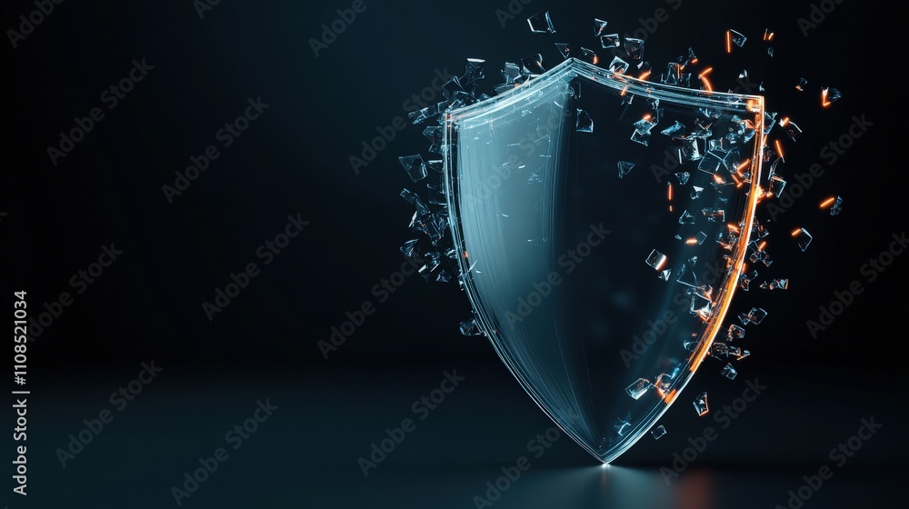 Poster futuristic transparent shield shattering into pieces symbolizing protection, security, and digital d