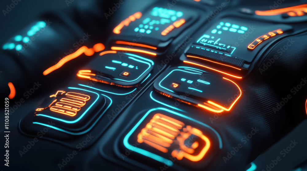 Poster futuristic close-up of a glowing device with digital buttons.