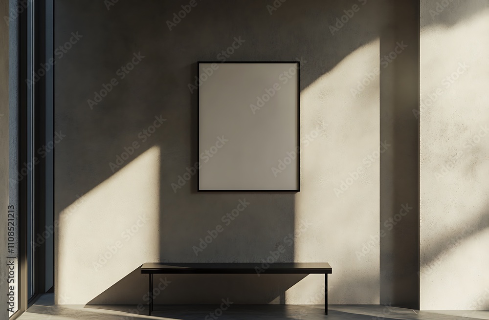 Poster a minimalist interior featuring a blank frame on a concrete wall and a sleek bench, highlighted by s