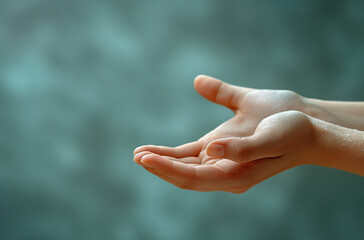 Two open hands, palms up, against a teal-colored, out-of-focus background