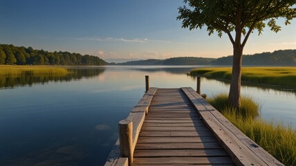 Naklejka premium Serene sunrise over calm lake with wooden dock.