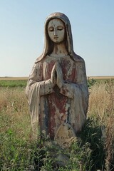 A statue of a woman praying in a field. The statue is old and has a worn appearance. The field is empty and the sky is clear