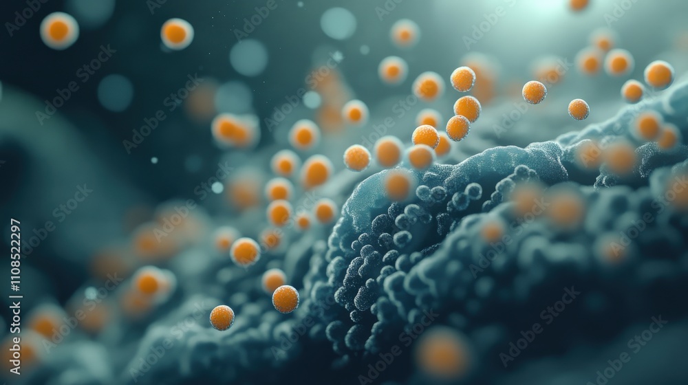 Poster Close-Up View of Microbial Life Showcasing Vibrant Orange Particles on a Dark Background, Illustrating Complex Interactions at a Microscopic Level