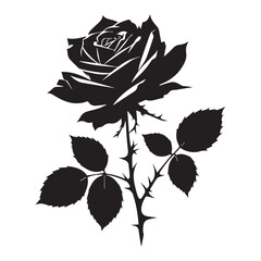 Decorative rose with long stem and leaves. Flower sketch. Vector illustration Silhouetted rose with leaves and thorns on stem, perfect for love and nature themed designs © Graphix Glider