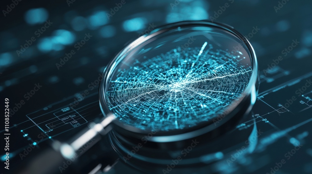 Poster Magnifying Glass Over Digital Data Visualization with Blue Glowing Lines Representing Network Connections and Scientific Analysis in Dark Background