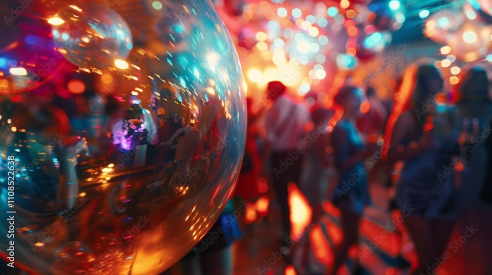 Poster distorted reflections of guests dancing and mingling in the shiny surface of a party balloon.