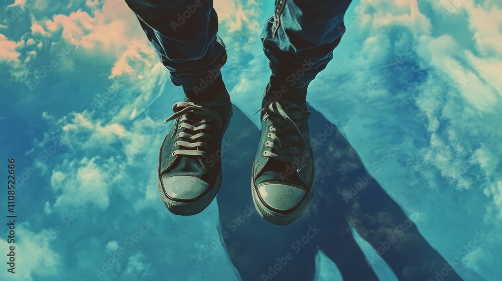Aufkleber sneakers appear to walk on clouds, creating a surreal and dreamy illusion with reflections and shado