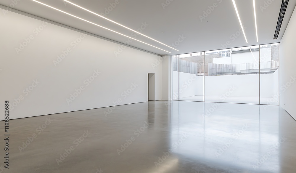Poster a minimalist art gallery featuring a spacious, empty room with sleek lighting and large windows, sho