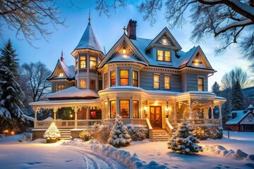 Fototapeta premium A house decorated for christmas with lights and snow