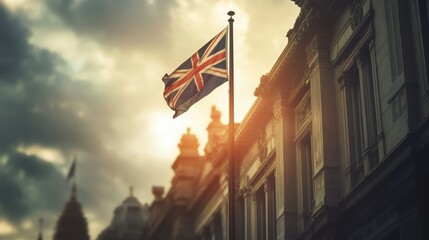 Australian flag on top of a pole during a cloudy day, in front of historical buildings.