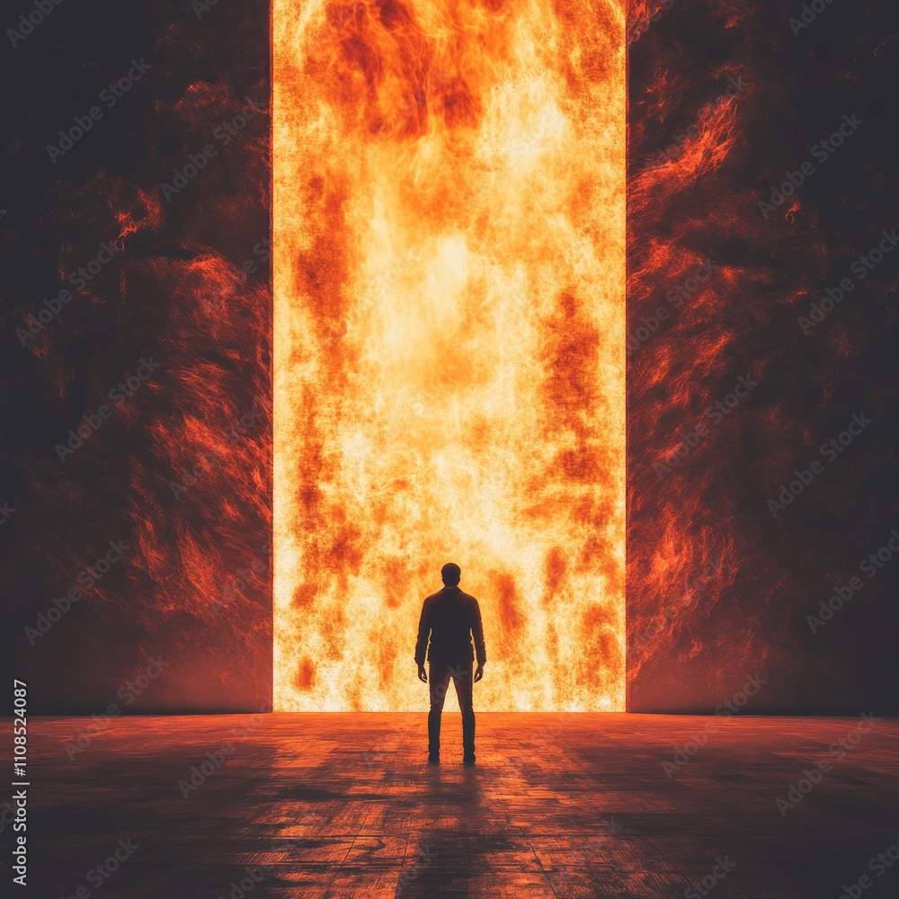 Wall mural a person standing in front of a wall of fire, representing determination to pass through challenges 