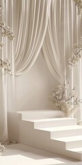 A serene scene featuring elegant white drapes and floral decor on a minimalist staircase, bathed in soft natural light.