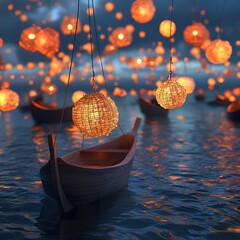 Obraz premium Wooden Boat Illuminated By Floating Lanterns At Night