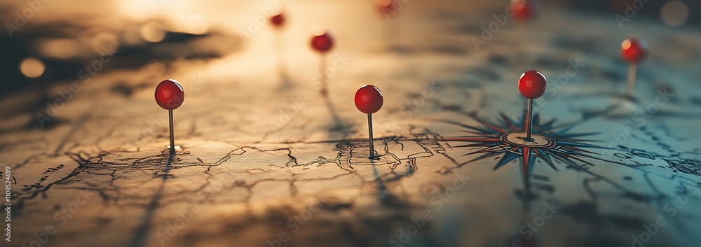 Aufkleber A close-up view of a map with red pushpins marking specific locations, highlighting travel or navigation themes.