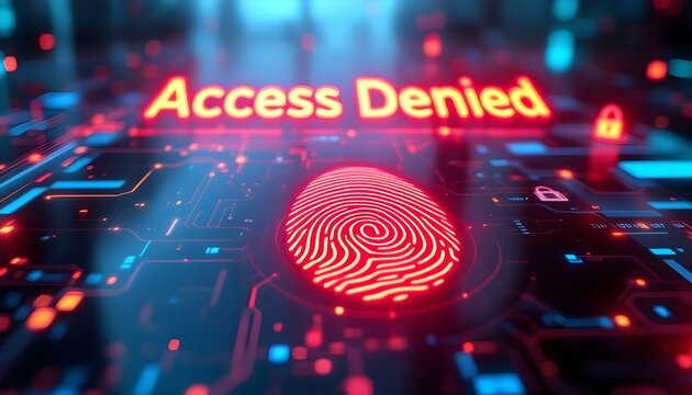 Access denied text with glowing fingerprint and futuristic digital security interface background