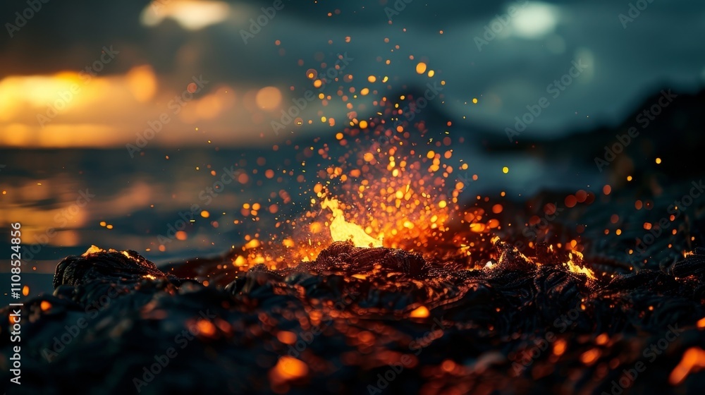 Poster a fiery volcanic eruption on a distant island symbolizing the rapid progress and growth of blockchai