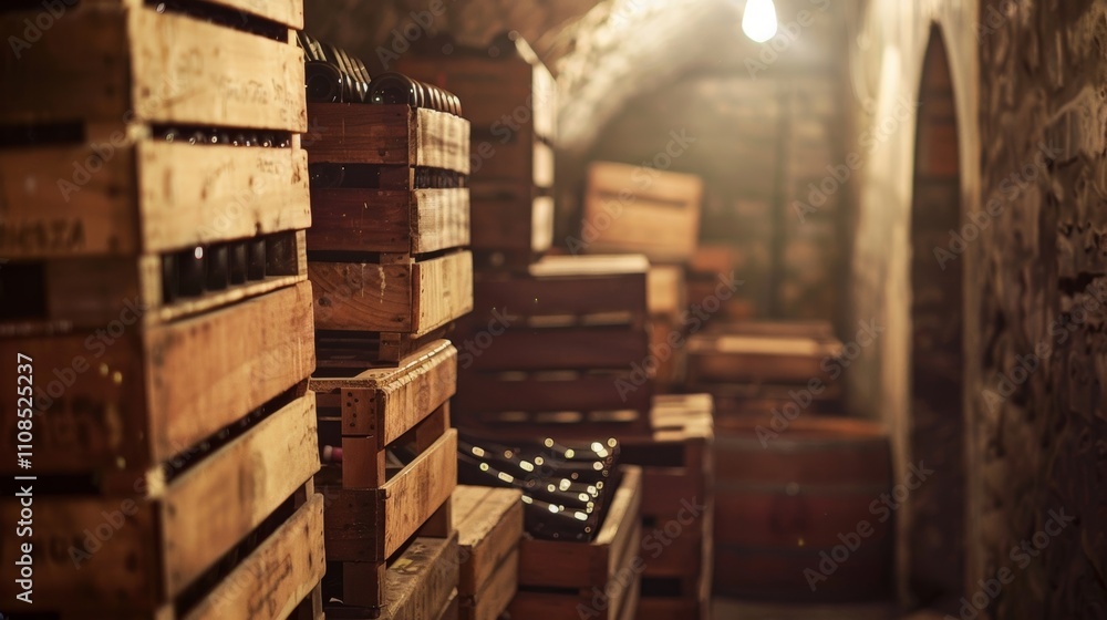 Poster a cloudy view of stacked wine crates hints at the hidden treasures in this cellar.