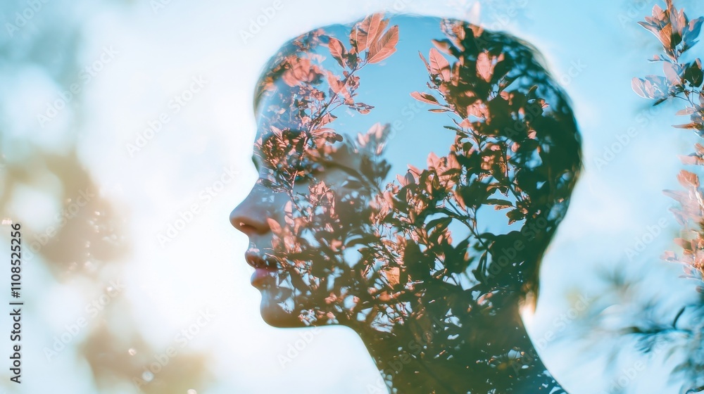 Poster a refreshing summer breeze merged with a portrait in double exposure.