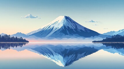A serene winter landscape featuring snow-capped Mount Fuji reflected in a tranquil lake, ideal for travel promotions, winter holidays, and nature-themed designs.