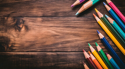 Obraz premium Colorful pencils arranged on a dark wooden surface, leaving ample copy space in the center.