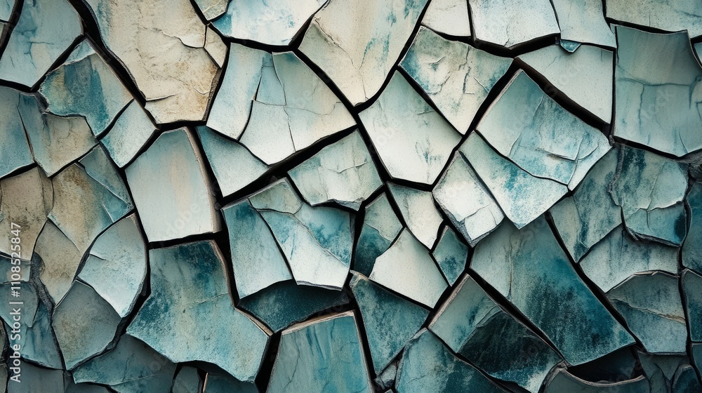 Poster a wall with a blue and white pattern made of broken tiles. the tiles are in different sizes and shap