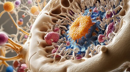 A highly magnified view of a single cell, showing intricate details of its structure and organelles.