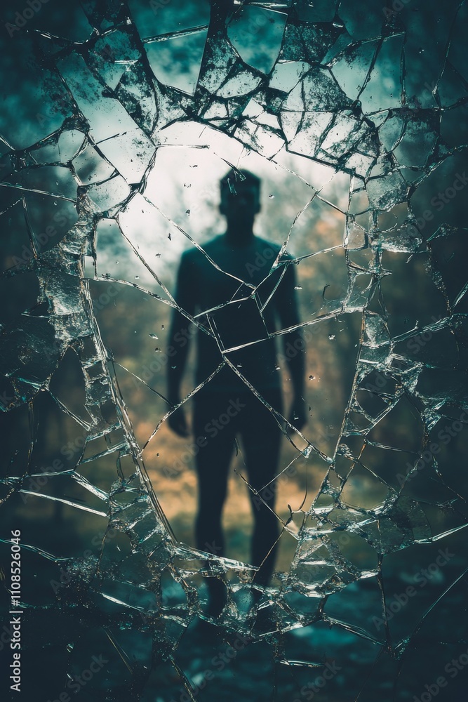 Poster a shattered mirror with a figure standing tall in the reflection, representing overcoming self-doubt