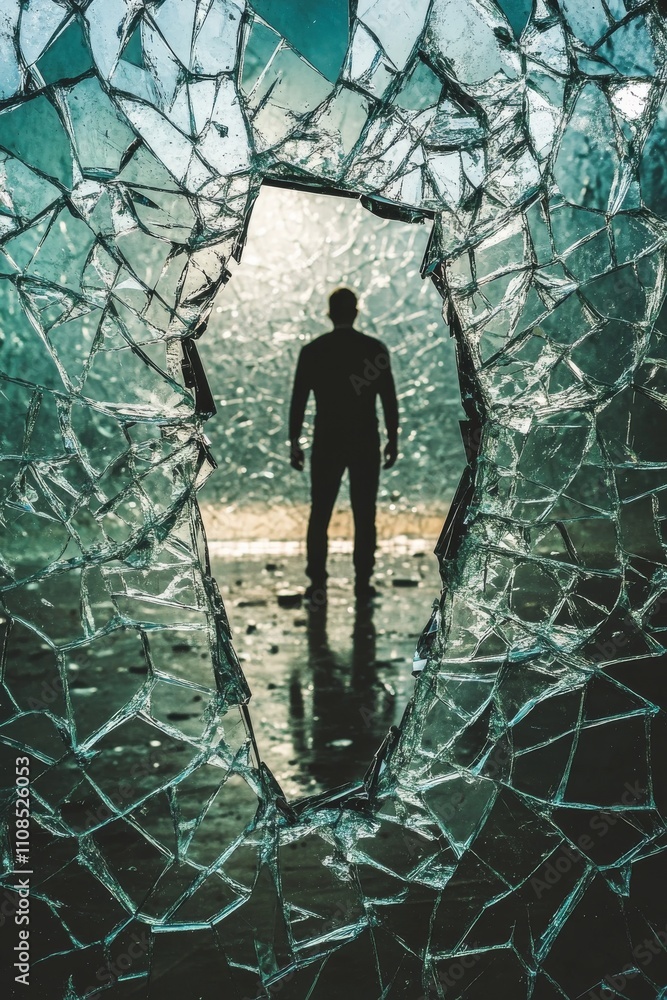 Poster a shattered mirror with a figure standing tall in the reflection, representing overcoming self-doubt