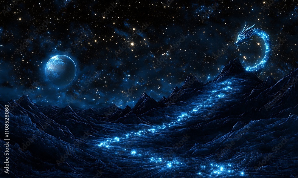 Aufkleber a mesmerizing night scene showcasing a starry sky with glowing elements and a celestial landscape, e